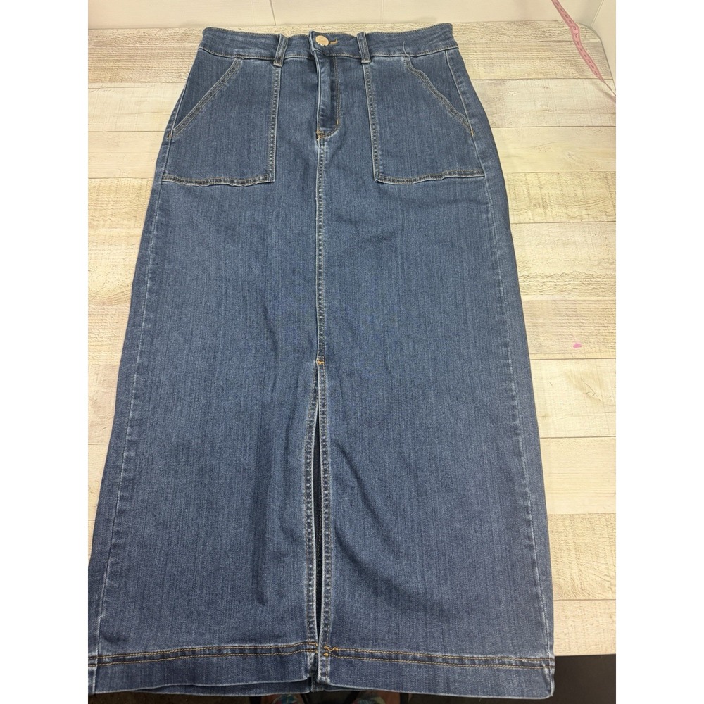 Carreli Denim Maxi Skirt Womens 8 Blue Jean Front Slit Patch Pockets Long